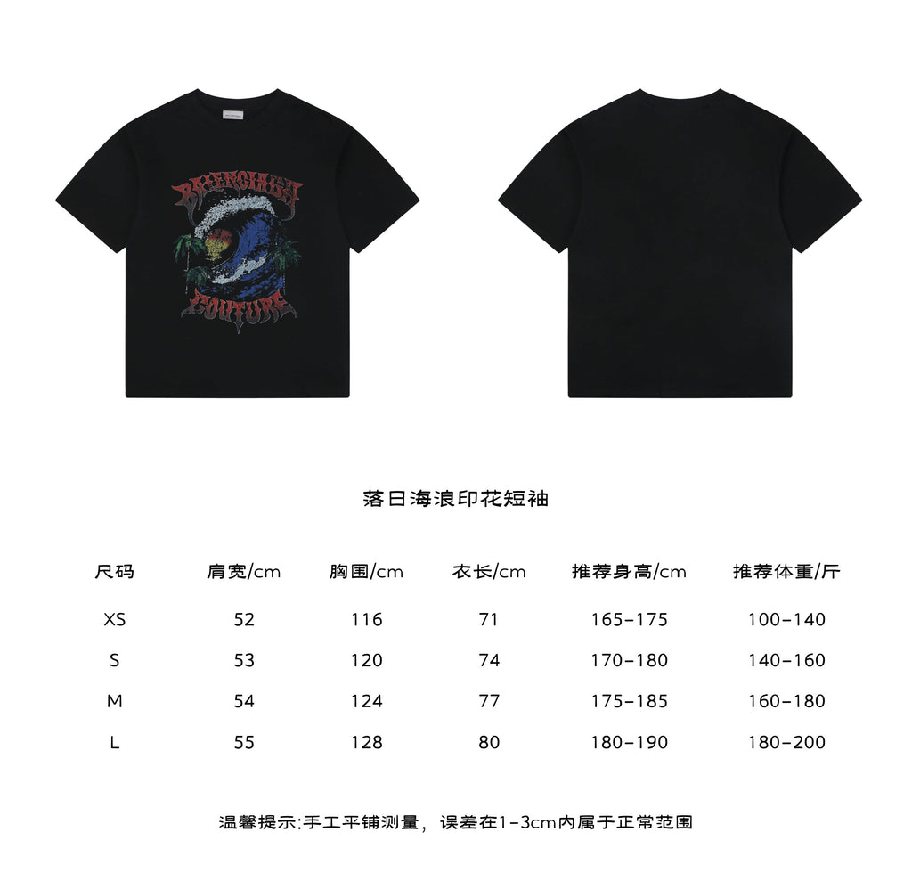 Balenciaga Couture Sunset Wave Graphic Tee in Black – front and back view with size chart