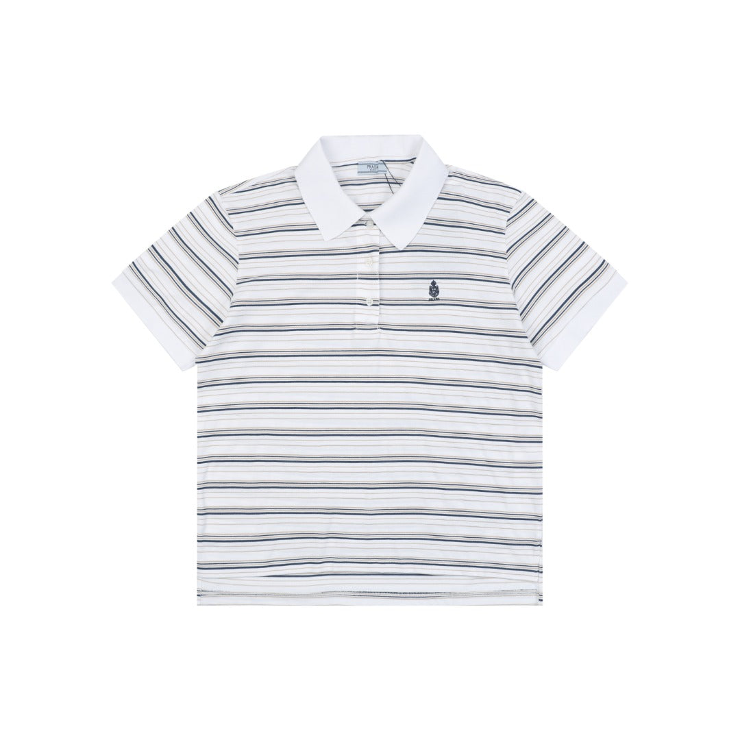 Prada Crest Embroidered Stripe Polo Shirt – White