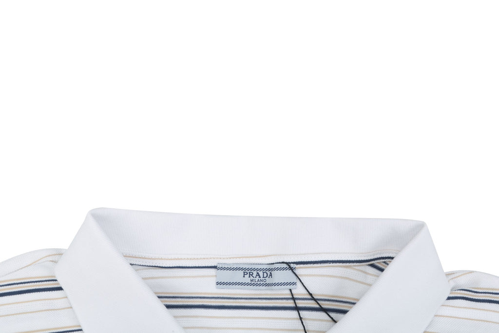 Prada Crest Embroidered Stripe Polo Shirt – White