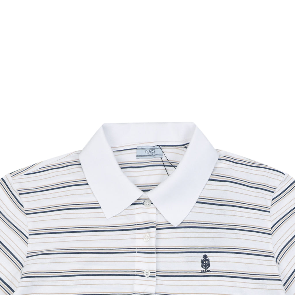 Prada Crest Embroidered Stripe Polo Shirt – White