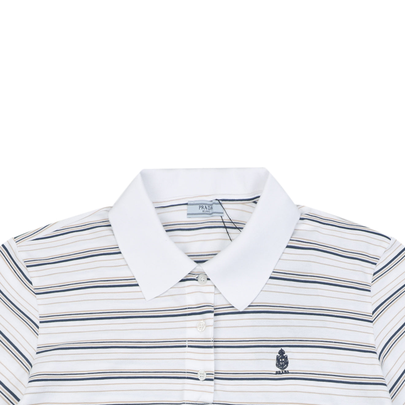 Prada Crest Embroidered Stripe Polo Shirt – White