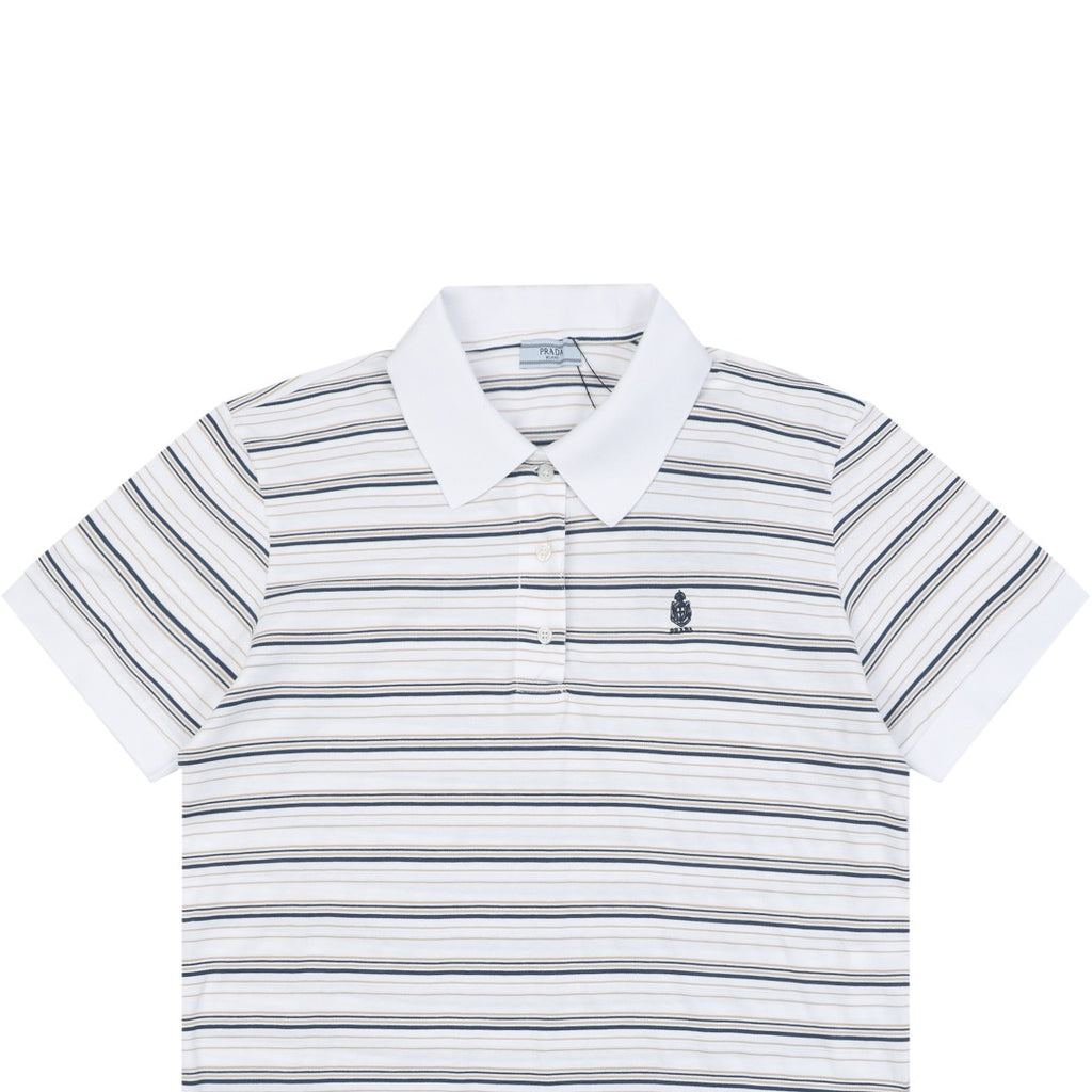Prada Crest Embroidered Stripe Polo Shirt – White