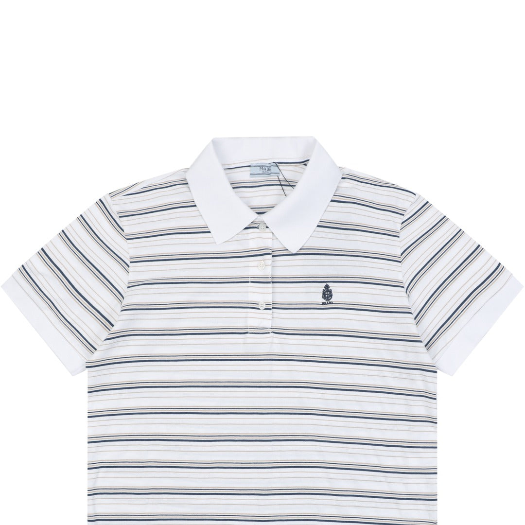 Prada Crest Embroidered Stripe Polo Shirt – White