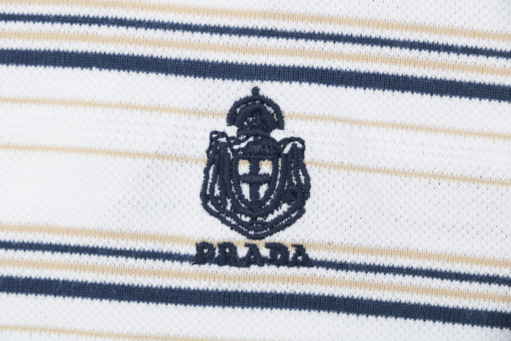 Prada Crest Embroidered Stripe Polo Shirt – White