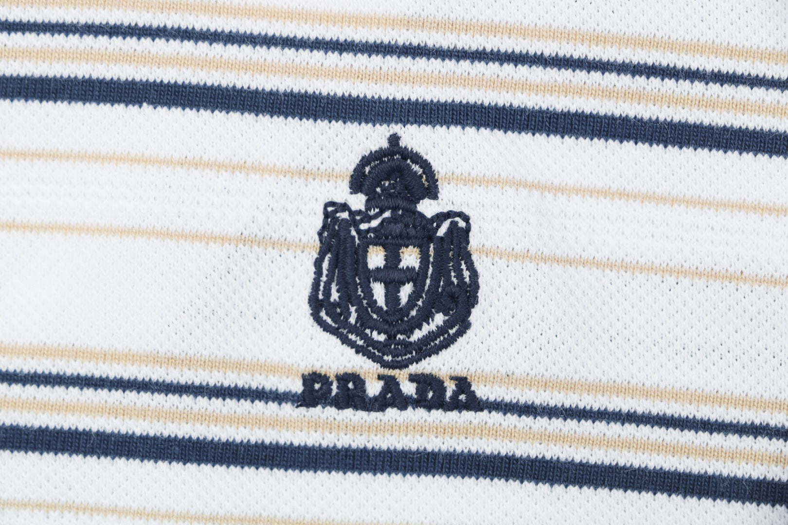 Prada Crest Embroidered Stripe Polo Shirt – White