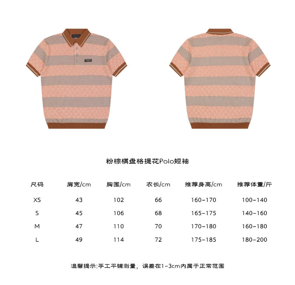 Louis Vuitton Pink Brown Checkerboard Jacquard Polo Shirt – front and back view with size chart