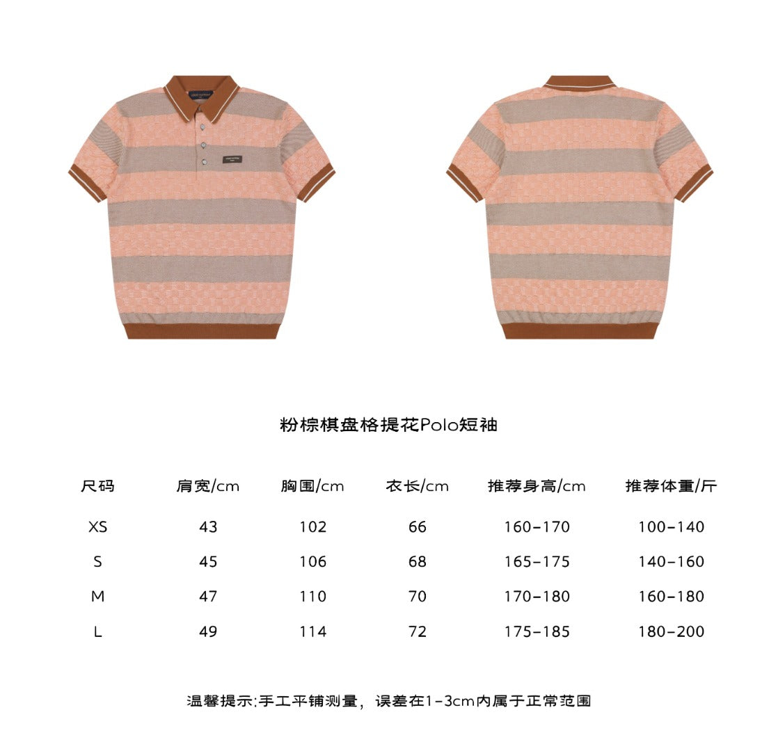 Louis Vuitton Pink Brown Checkerboard Jacquard Polo Shirt – front and back view with size chart
