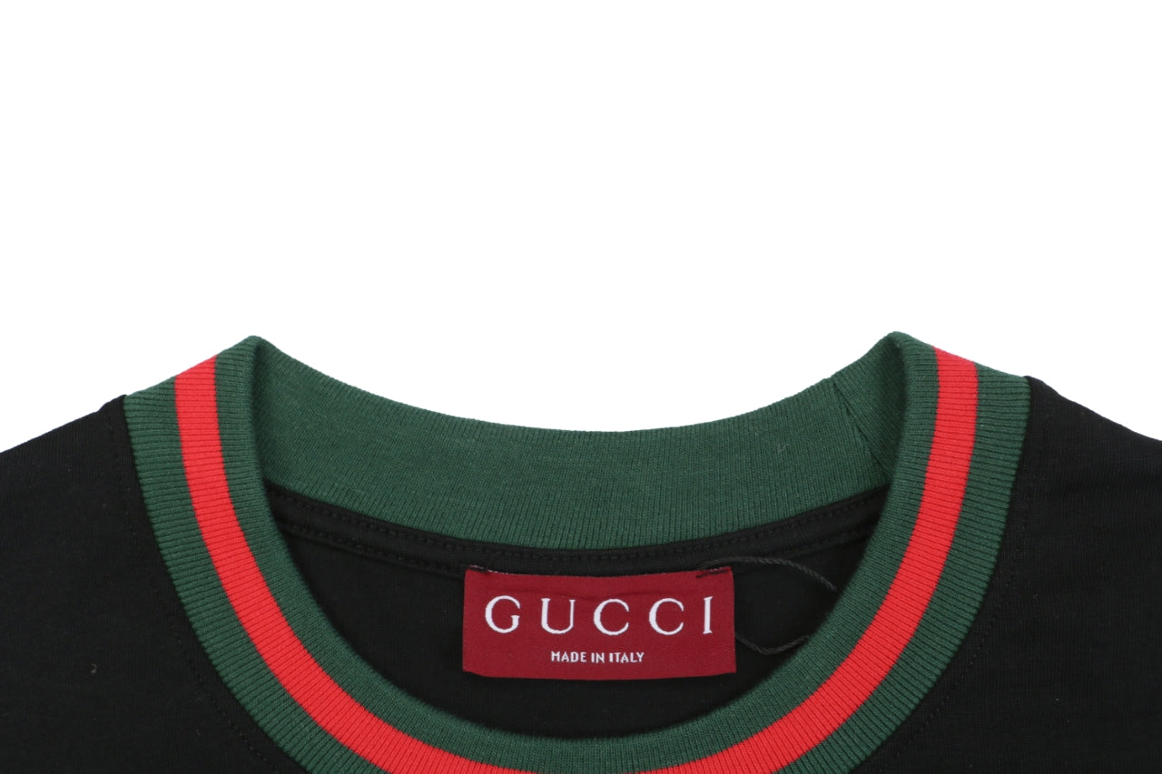 Gucci Red Green Web Collar G Letter Embroidered Tee – Black