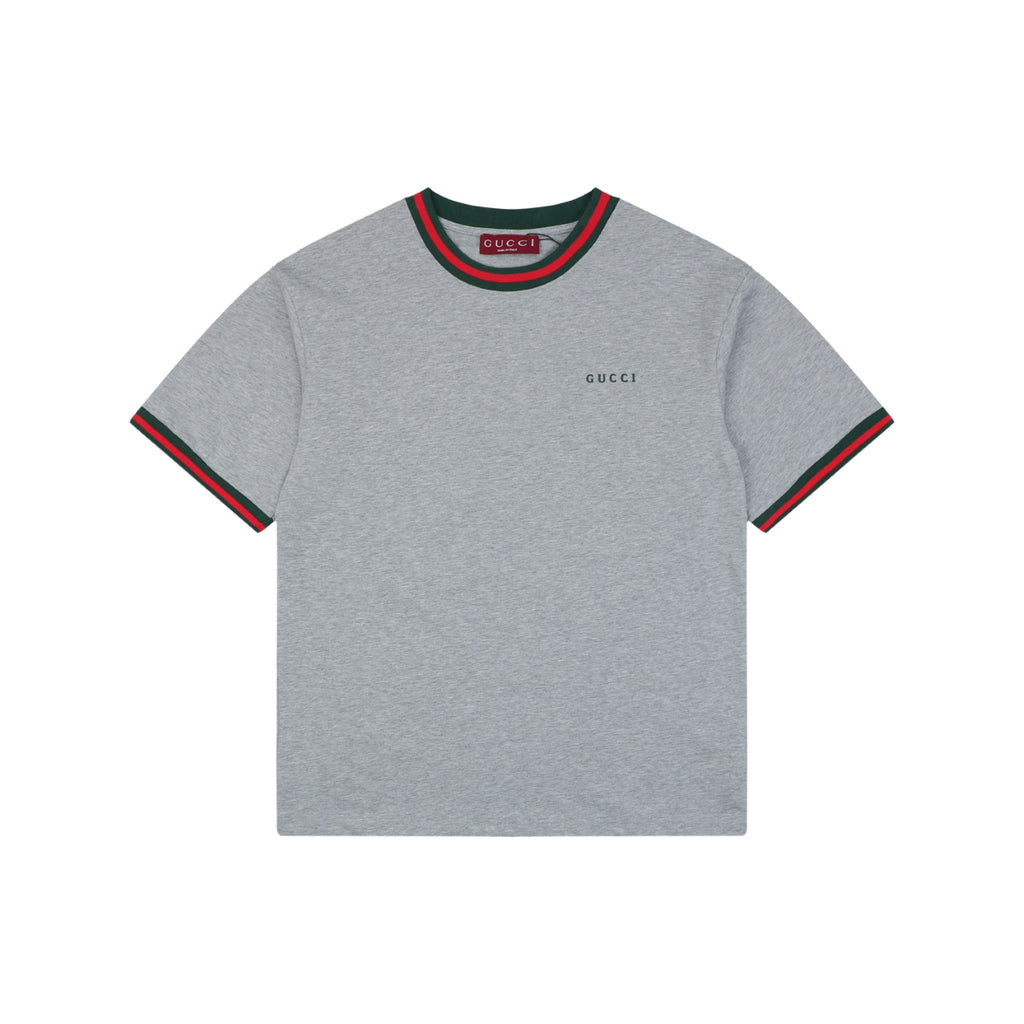 Gucci Red Green Web Collar G Letter Embroidered Tee – Grey