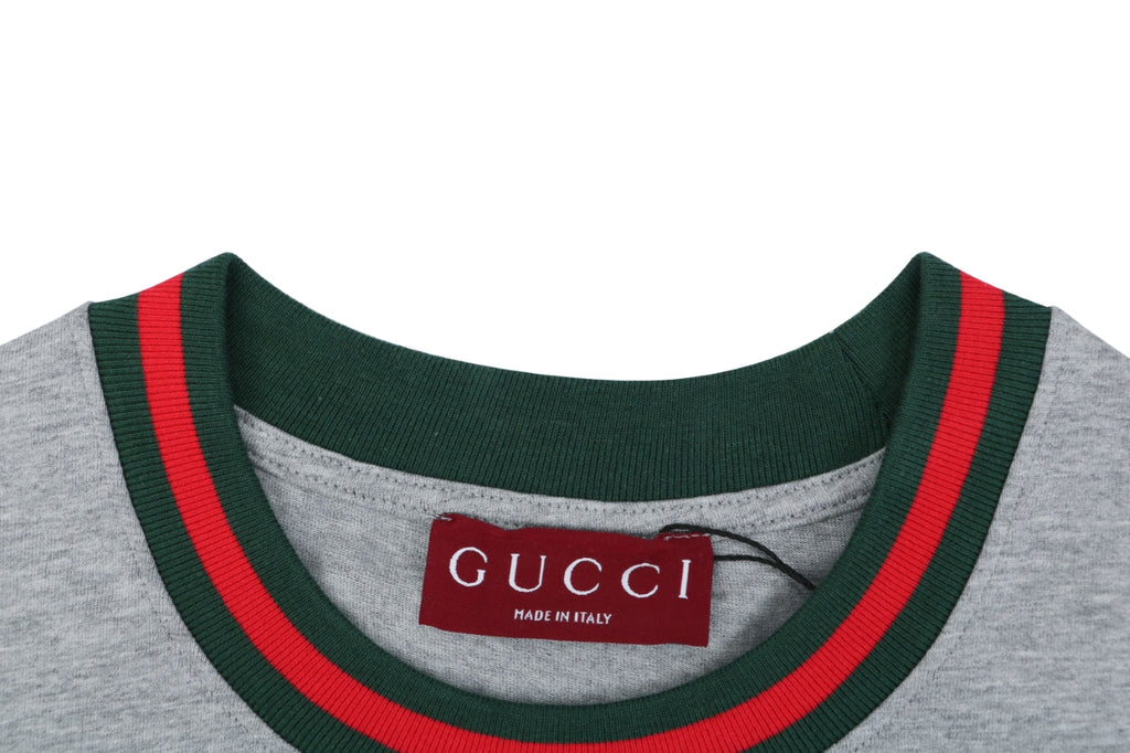 Gucci Red Green Web Collar G Letter Embroidered Tee – Grey