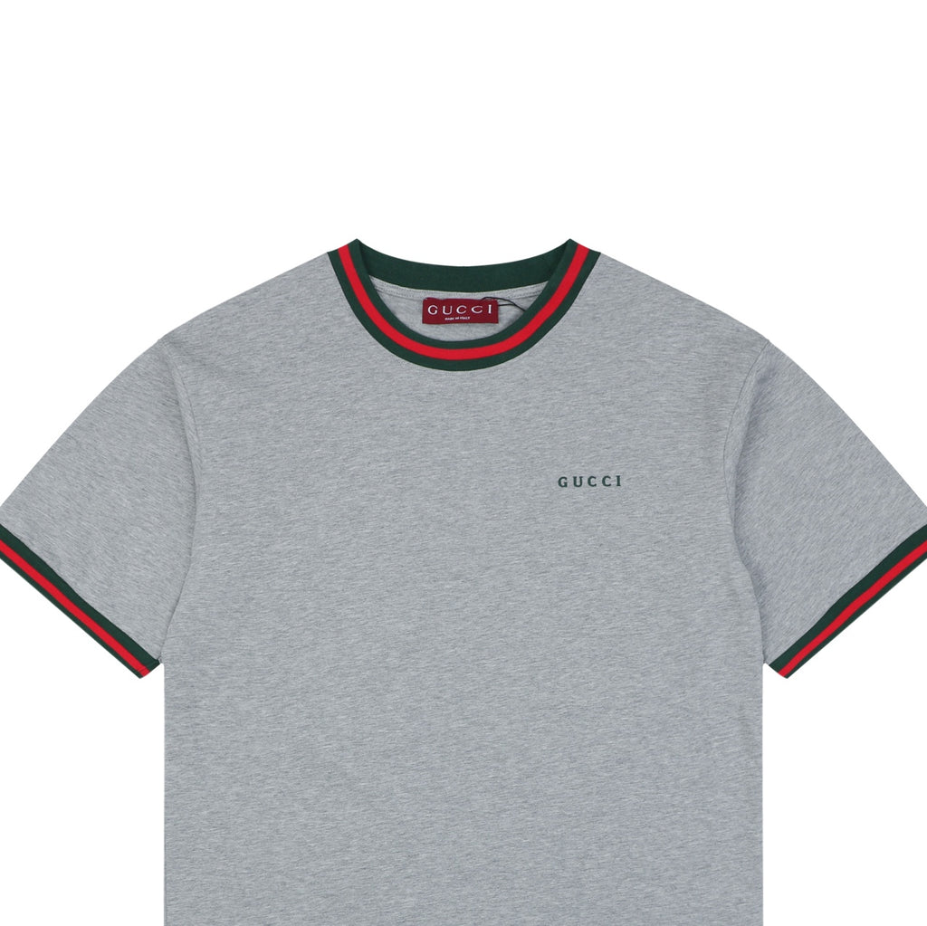 Gucci Red Green Web Collar G Letter Embroidered Tee – Grey