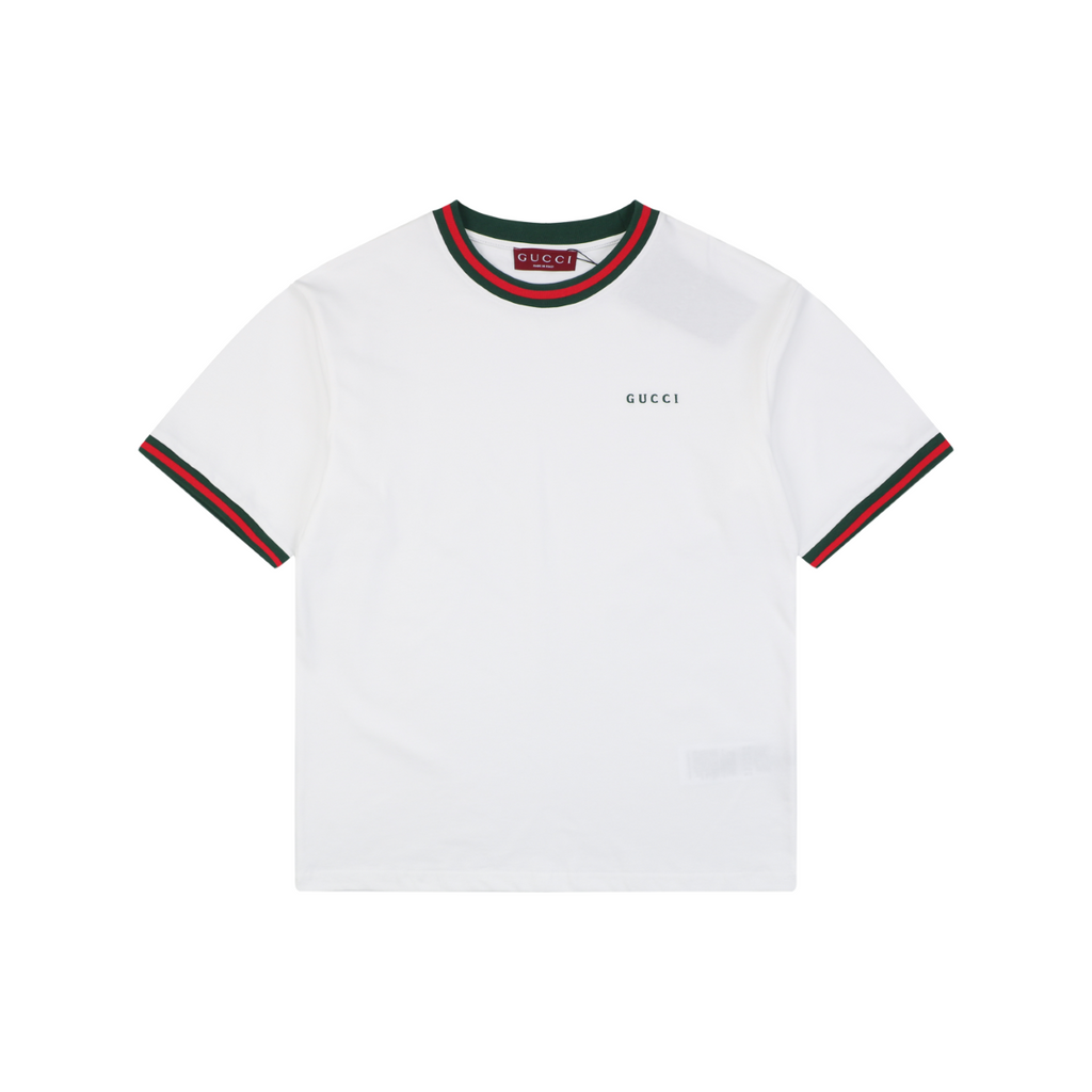 Gucci Red Green Web Collar G Letter Embroidered Tee – White