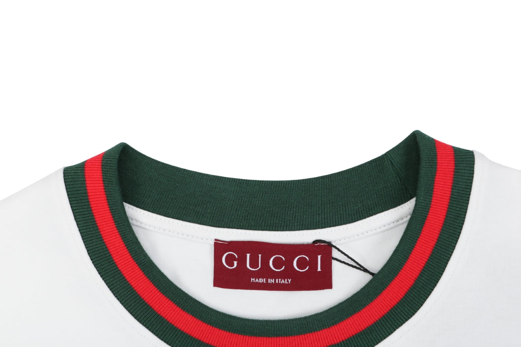 Gucci Red Green Web Collar G Letter Embroidered Tee – White