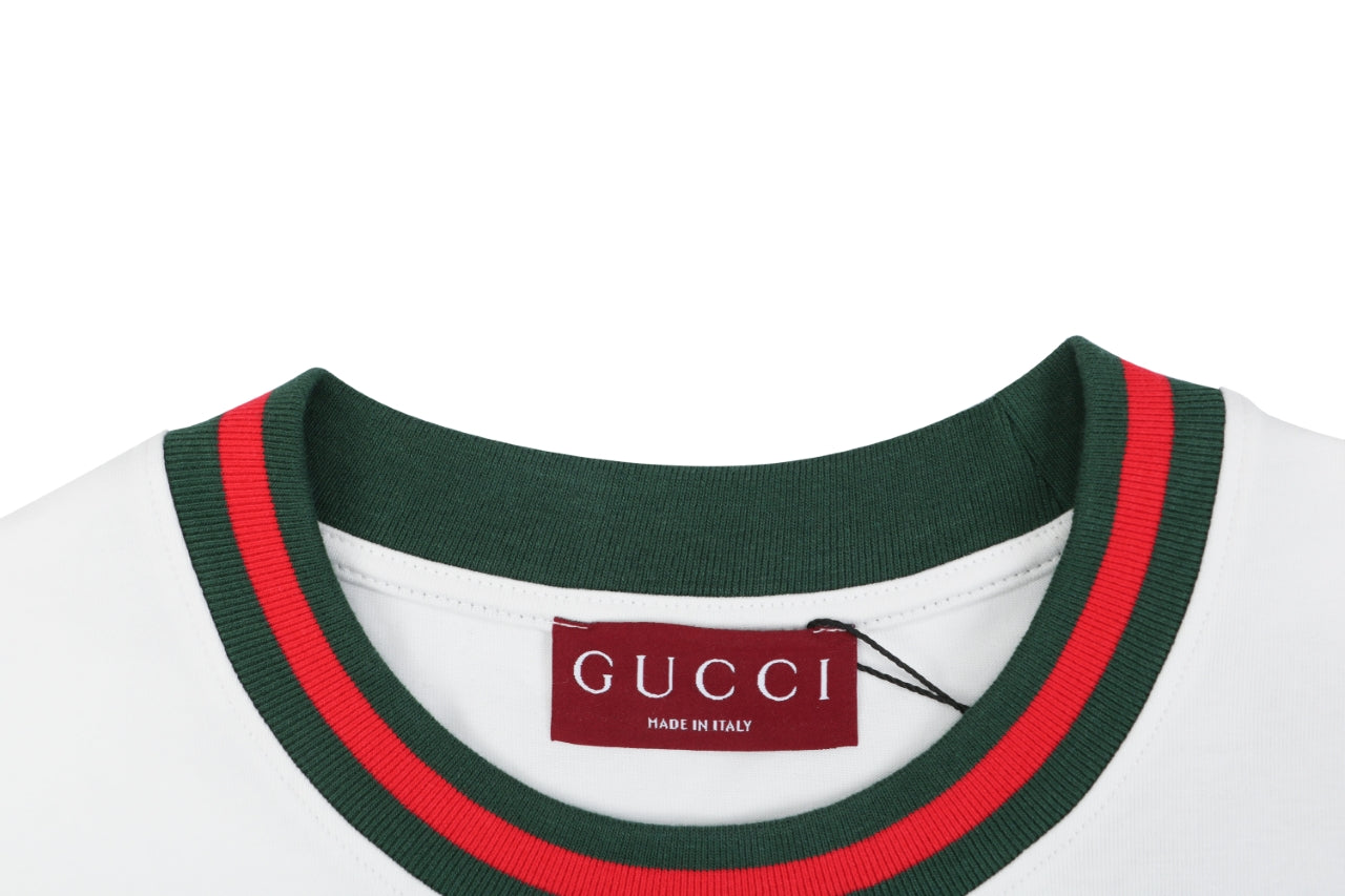 Gucci Red Green Web Collar G Letter Embroidered Tee – White