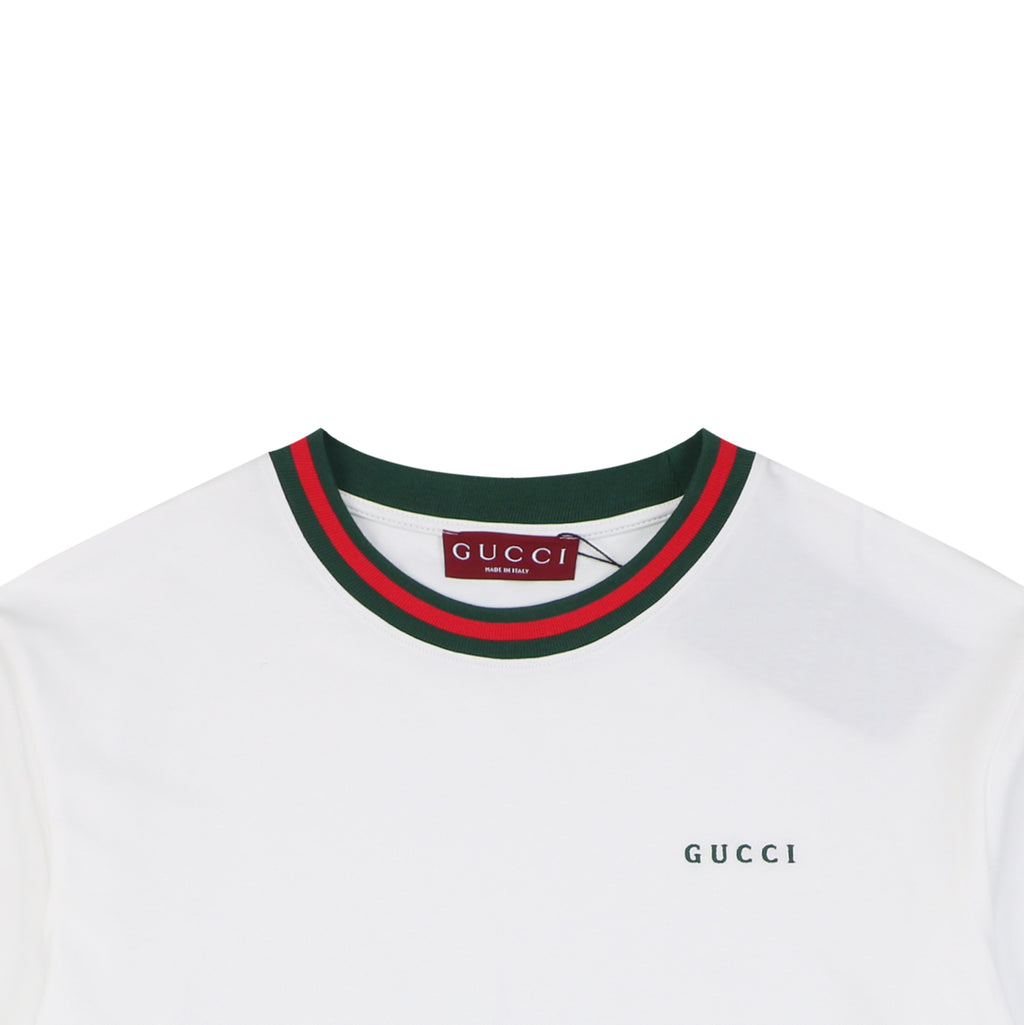 Gucci Red Green Web Collar G Letter Embroidered Tee – White