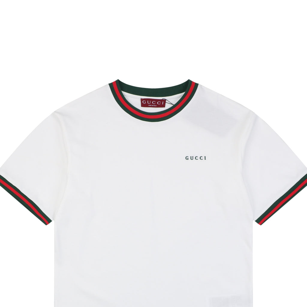 Gucci Red Green Web Collar G Letter Embroidered Tee – White