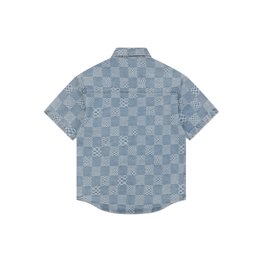 Louis Vuitton Light Blue Checkerboard Monogram Denim Short Sleeve Shirt