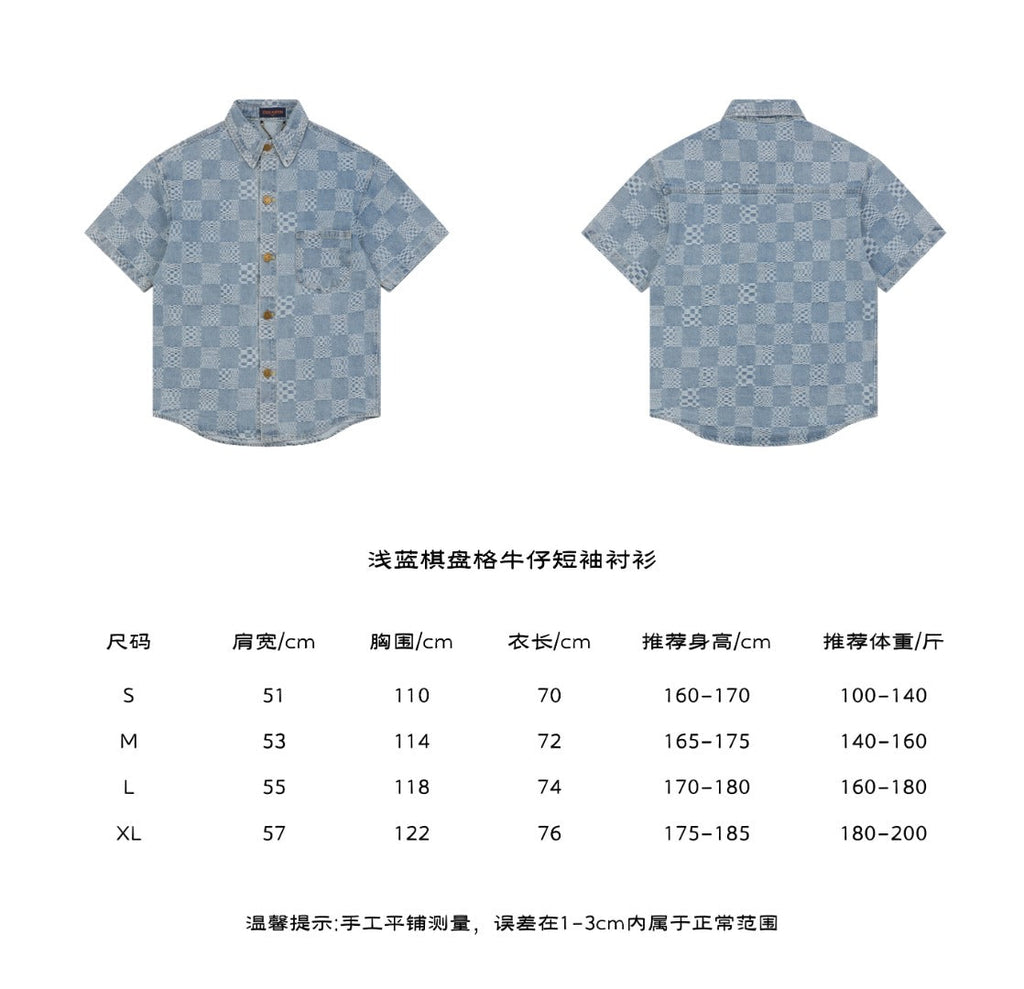 Louis Vuitton Light Blue Checkerboard Monogram Denim Short Sleeve Shirt – front and back view with size chart