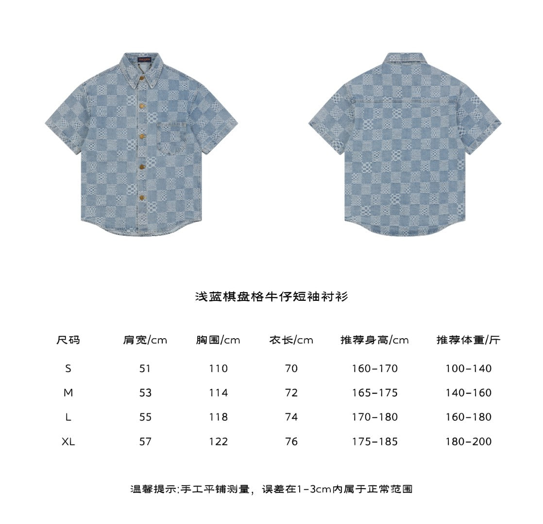 Louis Vuitton Light Blue Checkerboard Monogram Denim Short Sleeve Shirt – front and back view with size chart