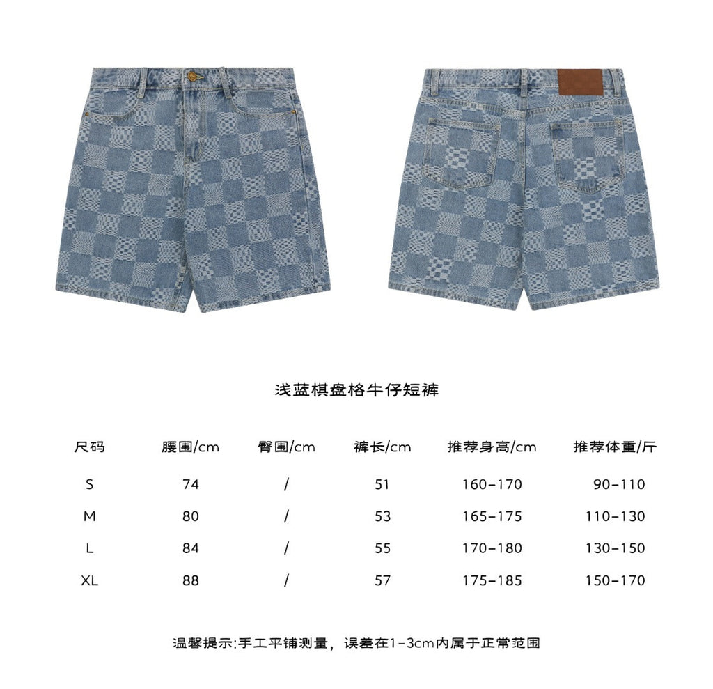 Louis Vuitton Light Blue Checkerboard Monogram Denim Shorts – front and back view with size chart