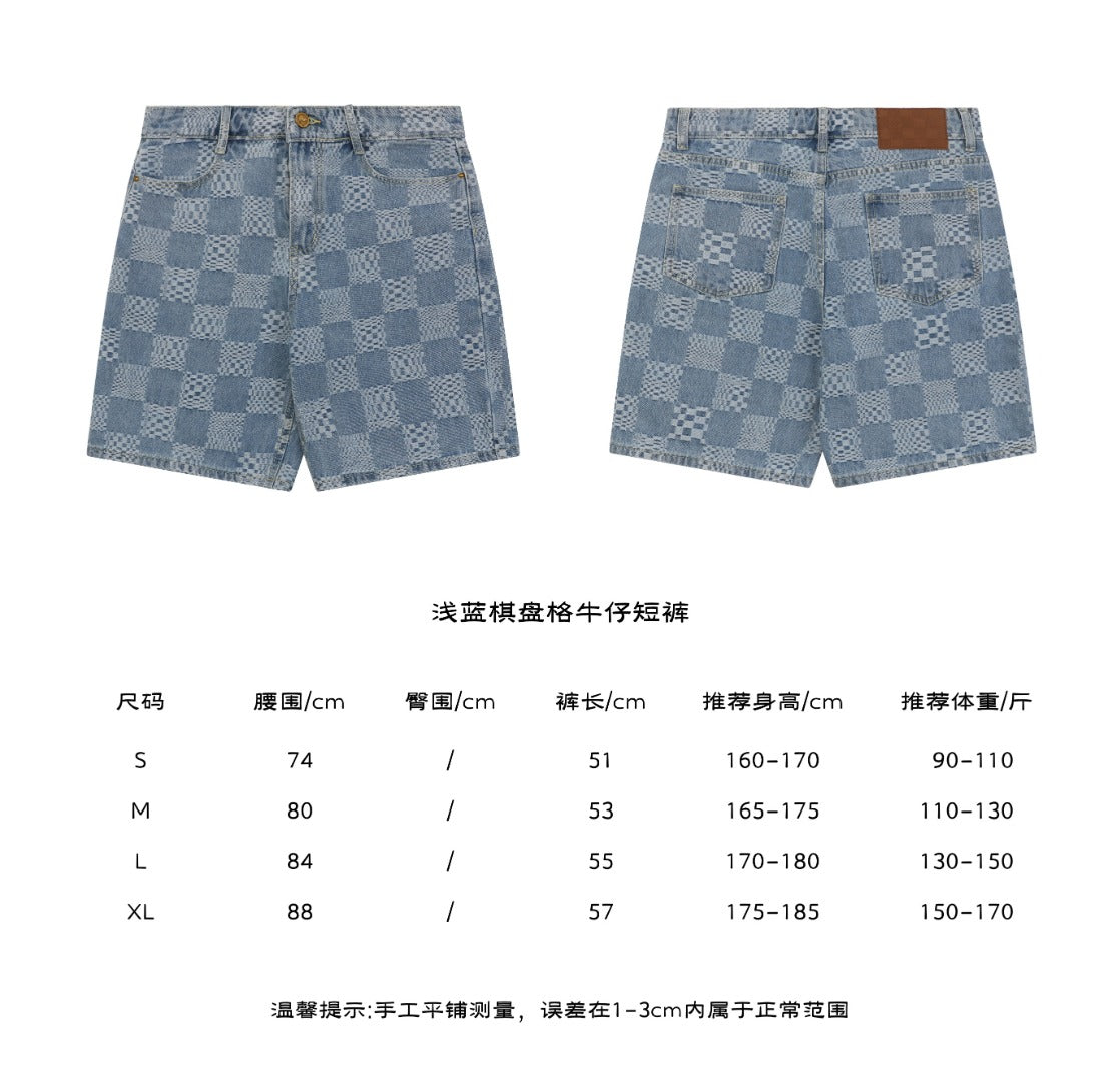 Louis Vuitton Light Blue Checkerboard Monogram Denim Shorts – front and back view with size chart