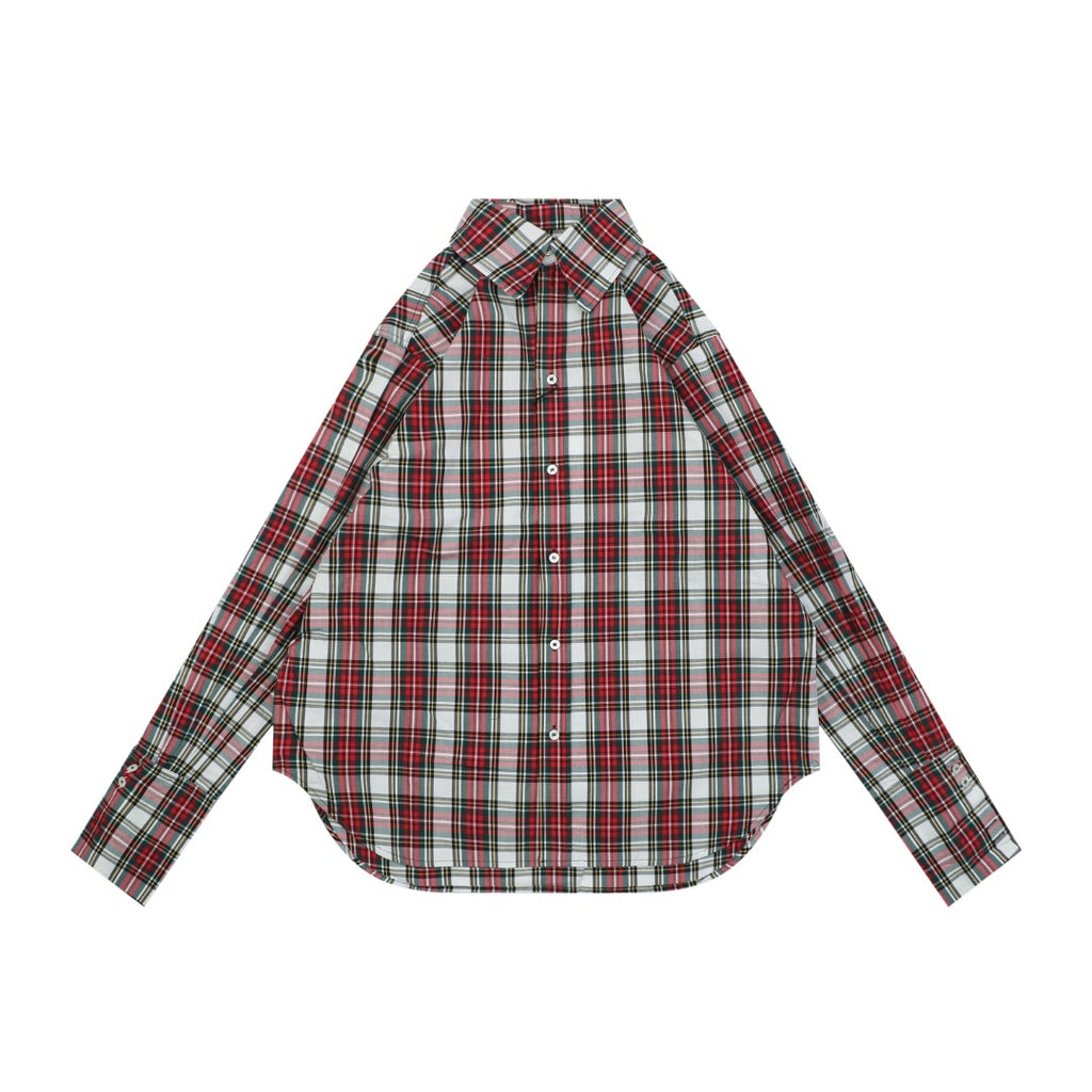 Celine Arc de Triomphe Logo Red White Plaid Long Sleeve Shirt