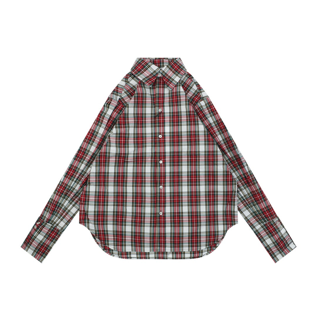 Celine Arc de Triomphe Logo Red White Plaid Long Sleeve Shirt