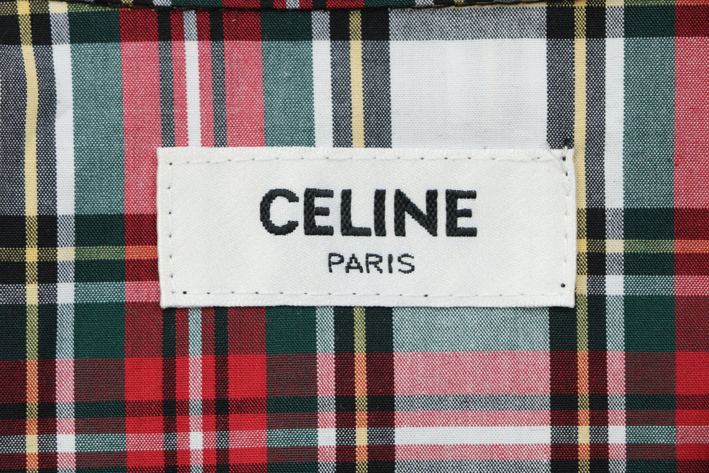 Celine Arc de Triomphe Logo Red White Plaid Long Sleeve Shirt