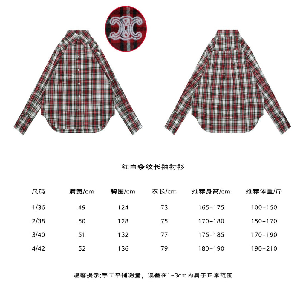 Celine Arc de Triomphe Logo Red White Plaid Long Sleeve Shirt – front and back view with embroidery detail and size chart