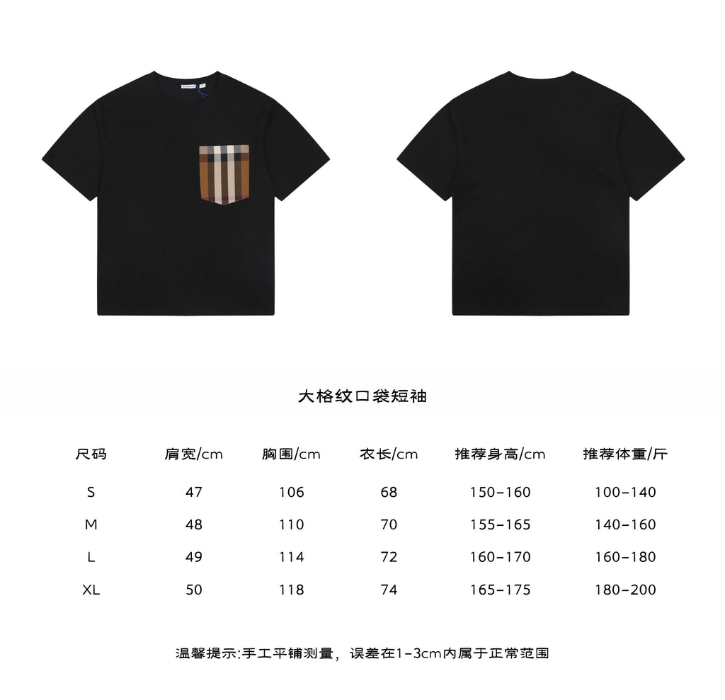 Burberry Vintage Check Patch Pocket Tee in Black – front and back view with size chart