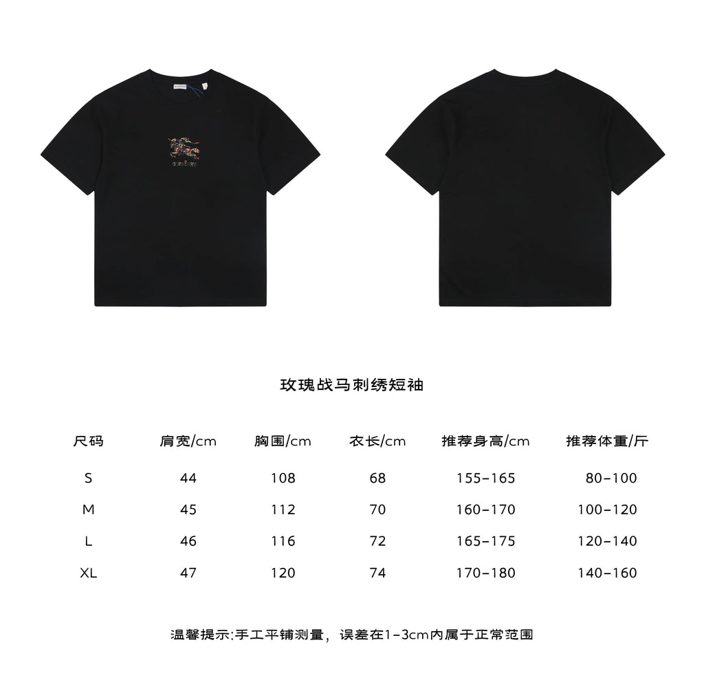 Burberry Rose Equestrian Knight Embroidered Tee in Black – front and back view with size chart