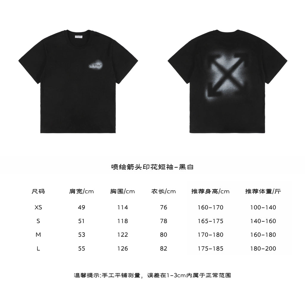 Off-White c/o Virgil Abloh 25SS Spray Paint Arrow Graphic Tee in Black – front spray wordmark and back oversized arrow graphic with size chart