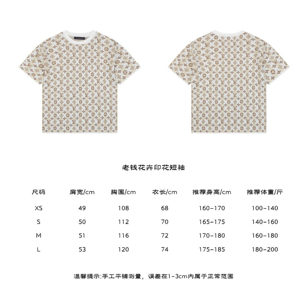 Louis Vuitton Old Money Floral Monogram All-Over Print Tee in Cream – front and back view with size chart