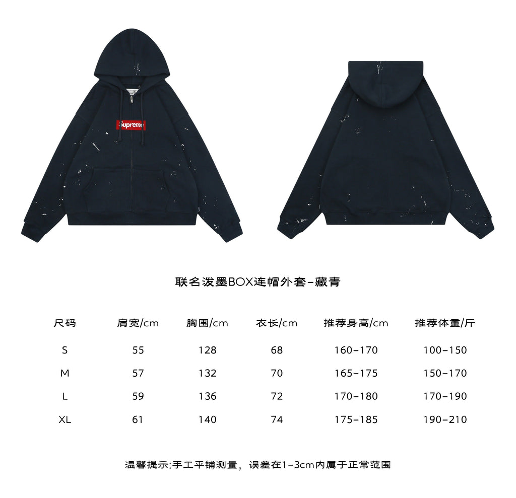 Supreme Paint Splatter Box Logo Zip Hoodie in Navy – front and back view with size chart