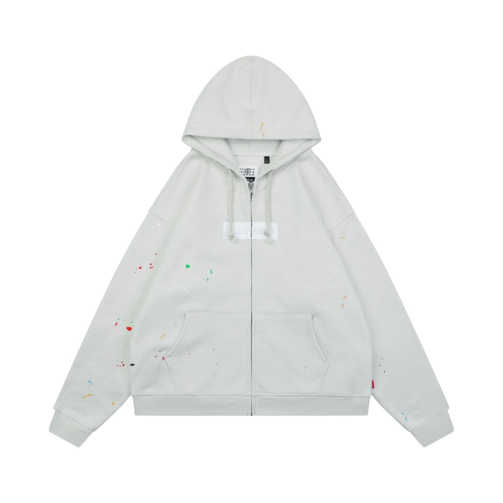 Supreme Multicolor Paint Splatter Box Logo Zip Hoodie – Grey White