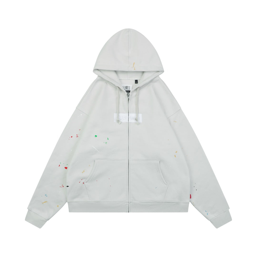 Supreme Multicolor Paint Splatter Box Logo Zip Hoodie – Grey White