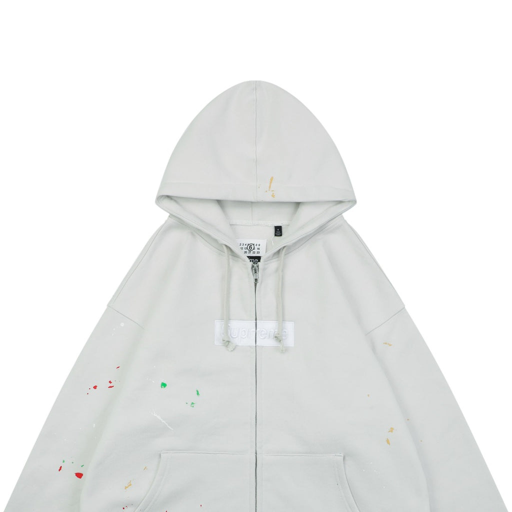 Supreme Multicolor Paint Splatter Box Logo Zip Hoodie – Grey White