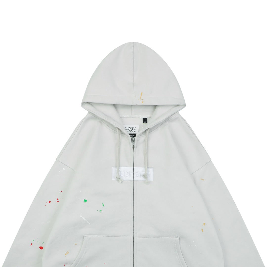 Supreme Multicolor Paint Splatter Box Logo Zip Hoodie – Grey White