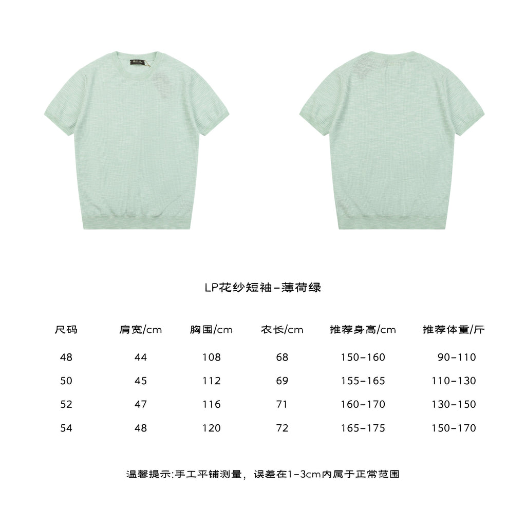 Loro Piana Fancy Yarn Knit Short Sleeve Tee in Mint Green – front and back view with size chart