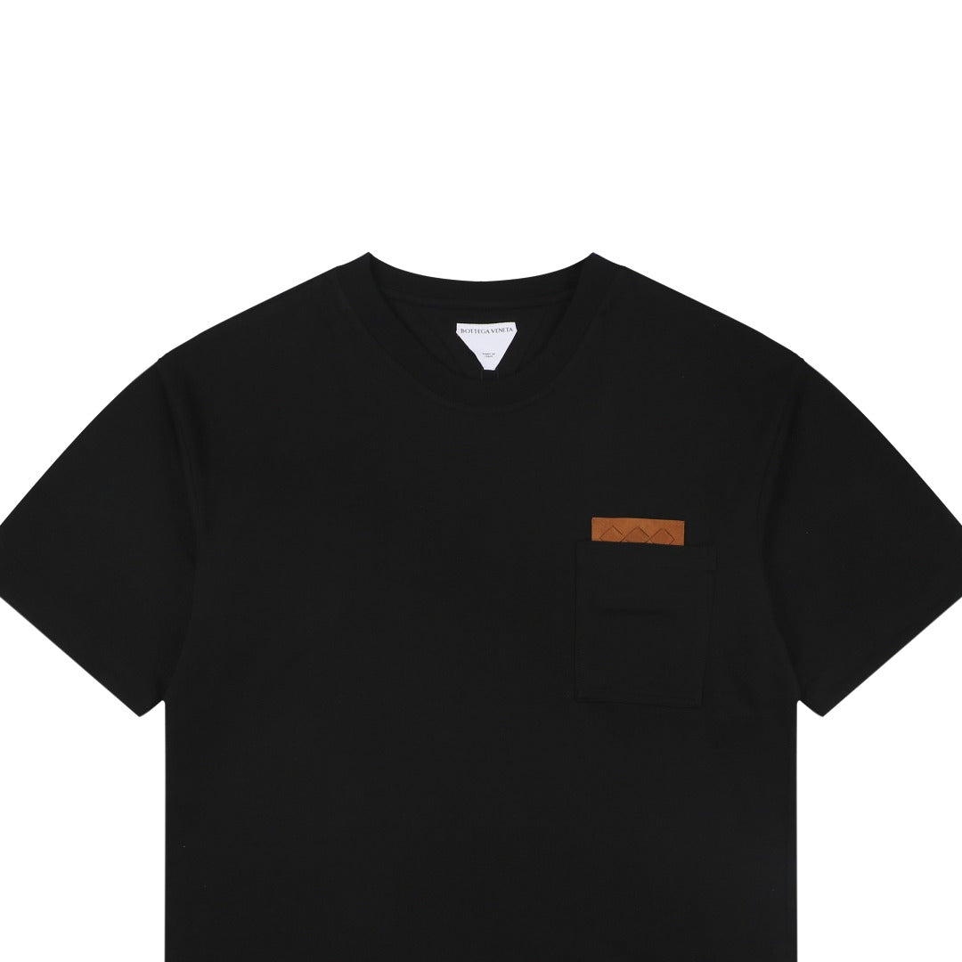 Bottega Veneta Intrecciato Leather Patch Pocket Tee — Black/Tan