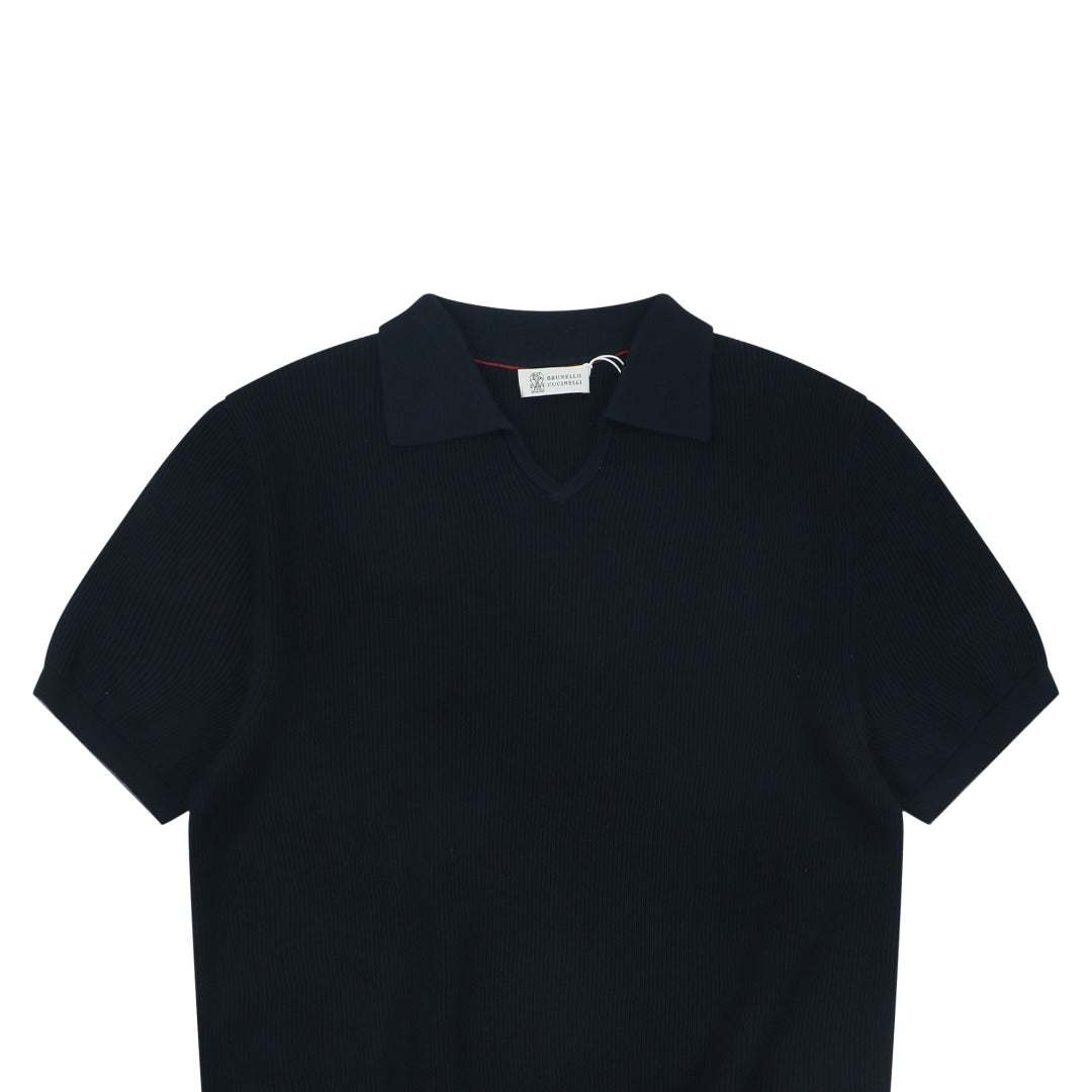 Balenciaga Seagull Collar Knit Polo Tee — Navy
