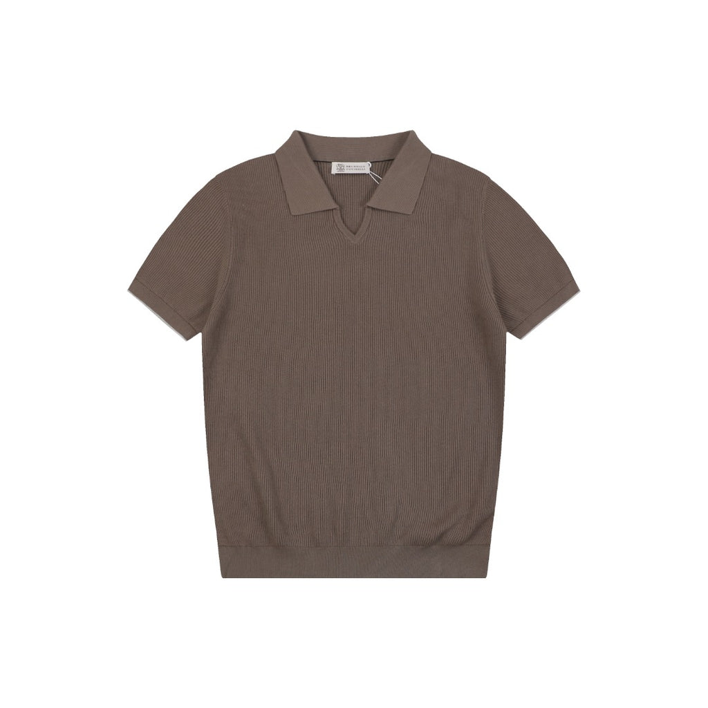 Balenciaga Seagull Collar Knit Polo Tee — Mocha