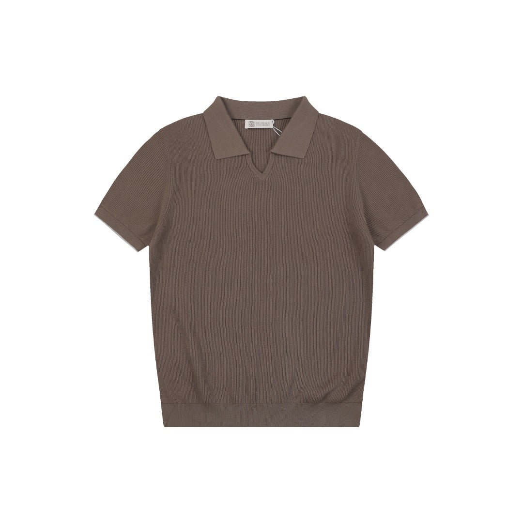 Balenciaga Seagull Collar Knit Polo Tee — Mocha