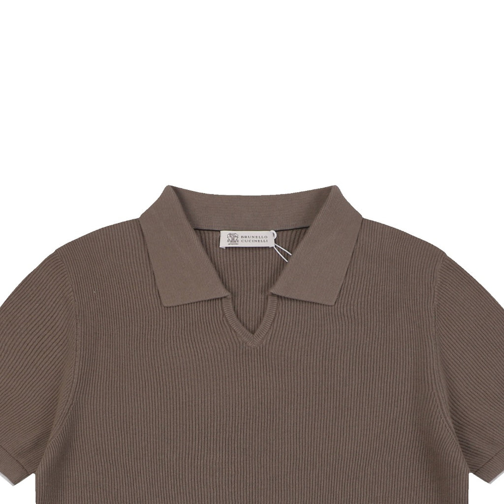 Balenciaga Seagull Collar Knit Polo Tee — Mocha
