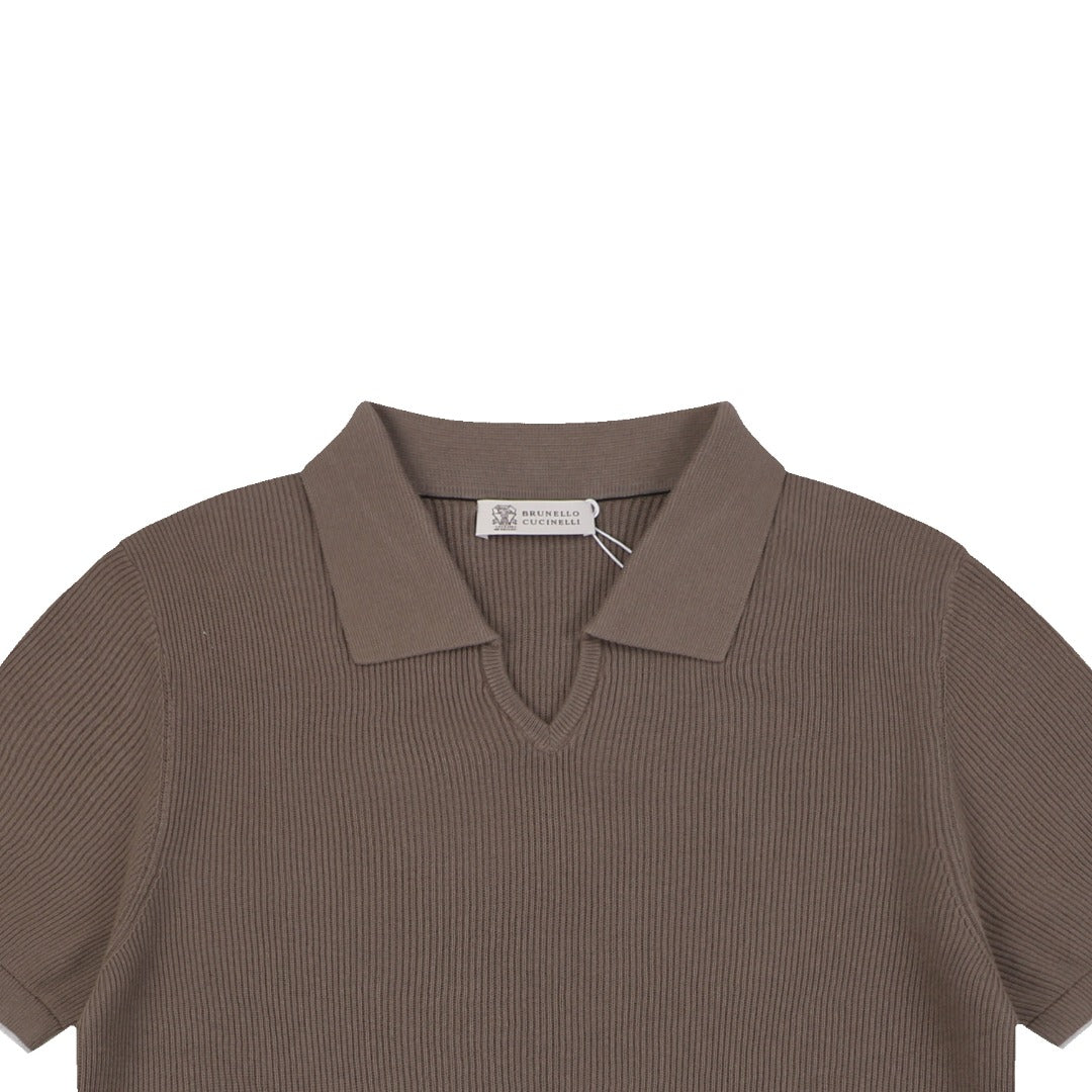 Balenciaga Seagull Collar Knit Polo Tee — Mocha