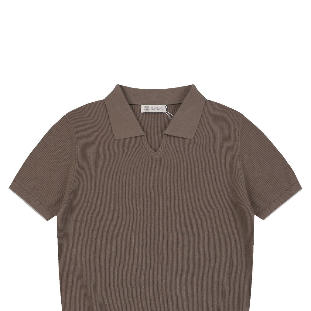 Balenciaga Seagull Collar Knit Polo Tee — Mocha