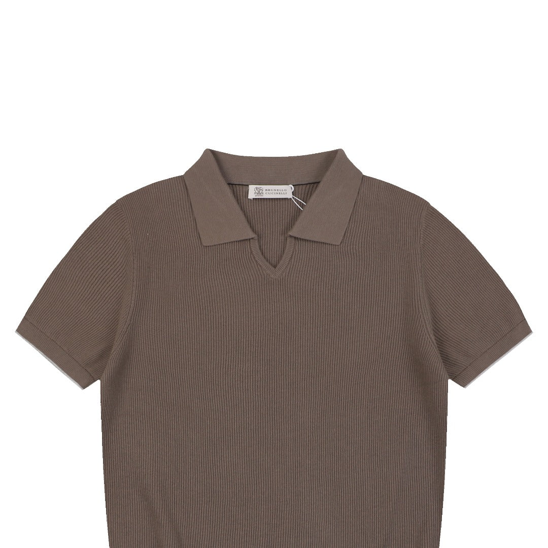 Balenciaga Seagull Collar Knit Polo Tee — Mocha