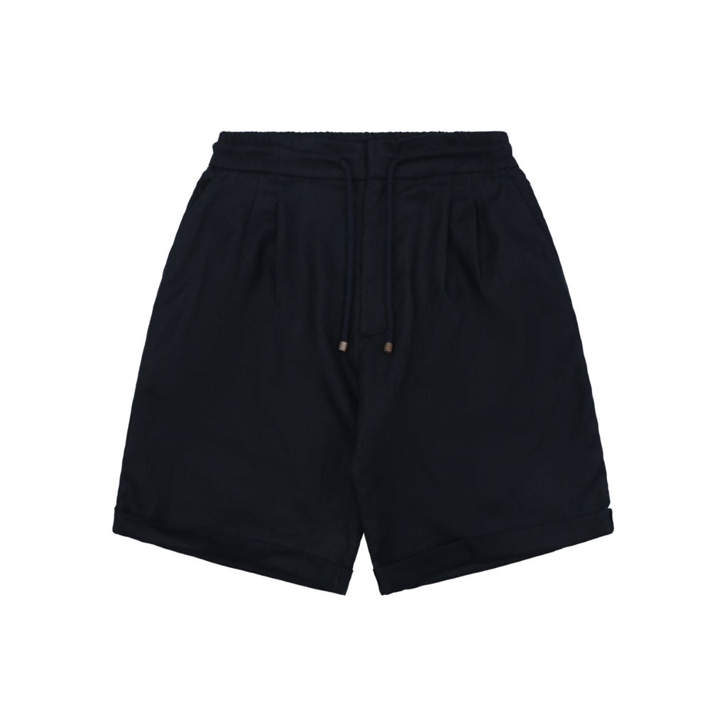 Balenciaga Double-Pleat Linen Drawstring Shorts — Navy