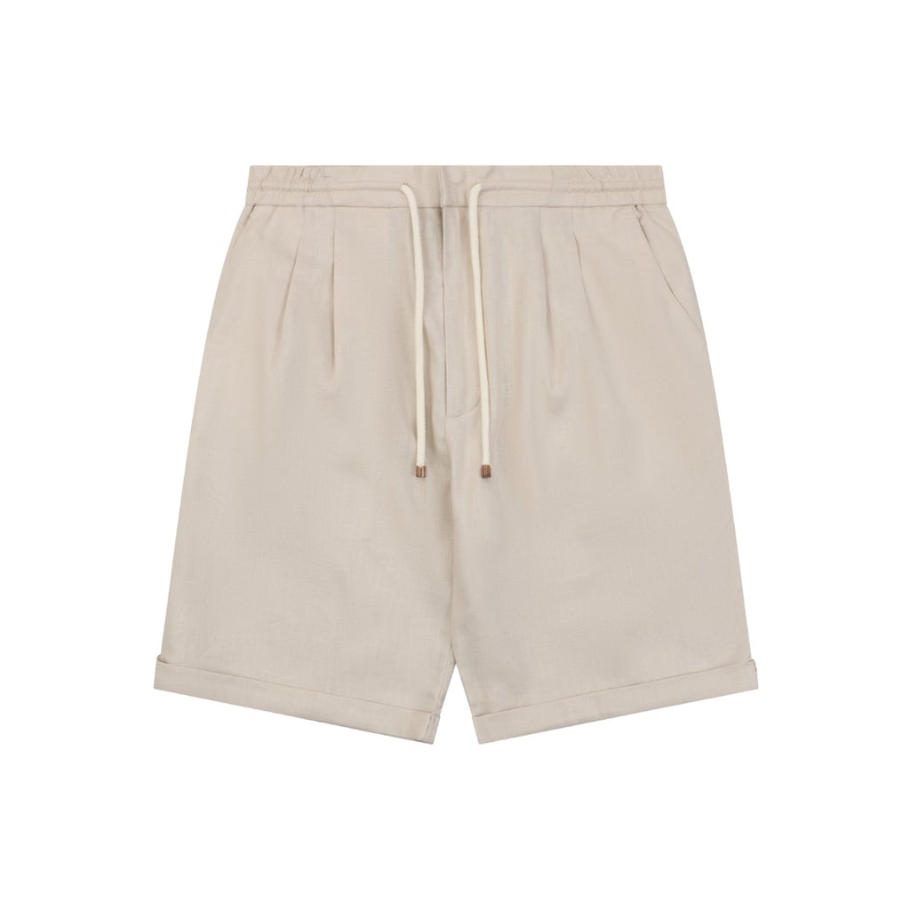 Balenciaga Double-Pleat Linen Drawstring Shorts — Stone