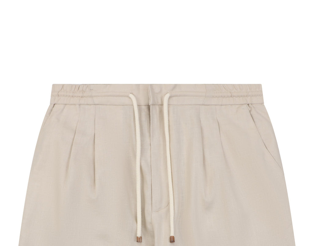 Balenciaga Double-Pleat Linen Drawstring Shorts — Stone